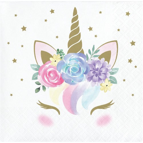 White beverage napkin with a gold unicorn horn, floral crown in pastel colors, closed eyes, and gold stars background.