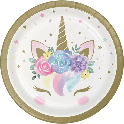Round paper plate with gold scalloped edge featuring a pastel unicorn face with pink, blue, and purple floral accents and.