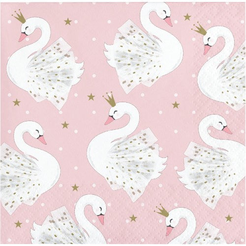 Pink beverage napkin with white swans wearing gold crowns and scattered gold stars.