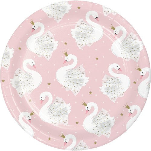 Pink 7-inch paper plates with white swans wearing gold crowns and small gold stars, set of eight.