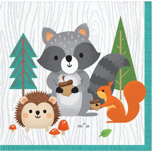 Square beverage napkin with gray raccoon, orange squirrel, and brown hedgehog holding acorns, surrounded by green trees and.