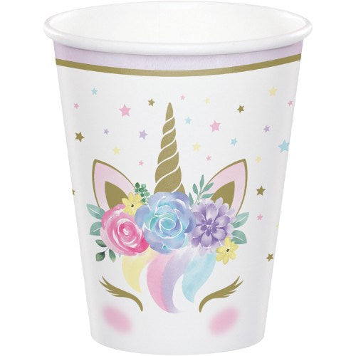 White disposable cup with gold unicorn horn, pastel floral crown, and rainbow mane design.