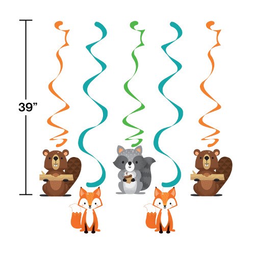 Five colorful hanging spirals with cartoon animals including two brown beavers, two orange foxes, and one gray raccoon.