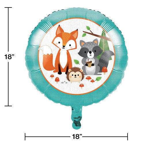 18-inch round foil balloon with teal border featuring cartoon fox, raccoon, and hedgehog in woodland scene.