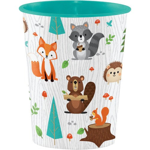 Plastic tumbler with colorful cartoon woodland animals on white, teal interior, party theme design.