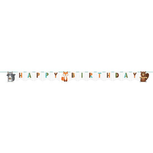 Woodland animal banner with letters spelling "Happy Birthday" featuring raccoon, fox, and bear shaped cutouts on white.