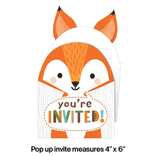 Fox-shaped popup invitation card with orange ears and face, white background, and "You're Invited!" text in green and orange