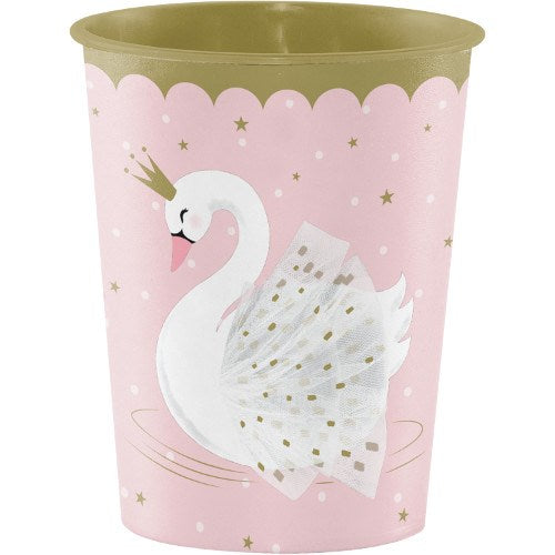 Pink 16oz plastic cup with scalloped gold rim and white swan illustration with gold crown and gold polka dots.