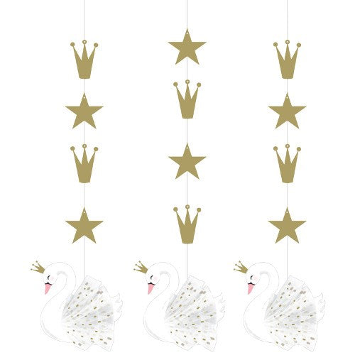 Three hanging decorations featuring white swans with gold crowns and glittery wings, each suspended below alternating gold.