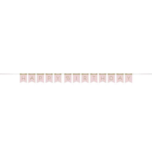 Pastel pink banner ribbon with pale gold letters spelling "Happy Birthday," each letter on a scalloped square flag.
