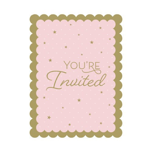 Pink rectangular party invitation card with scalloped gold edges, gold stars, and "You're Invited" in elegant gold script.