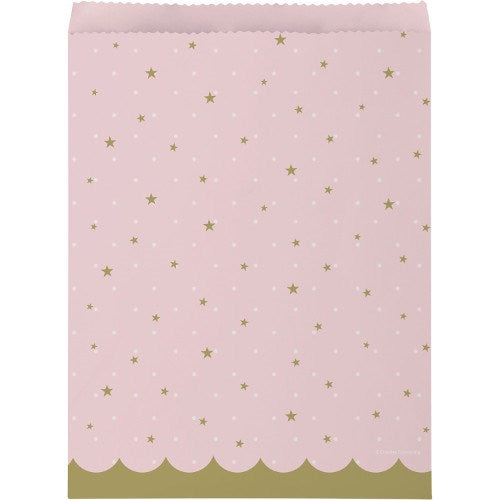 Pink paper treat bag with gold stars and scalloped gold bottom edge, 10 pack.