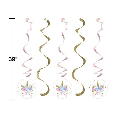 Set of five hanging swirls with alternating pink and gold metallic spirals, each ending in a round cutout featuring a pastel