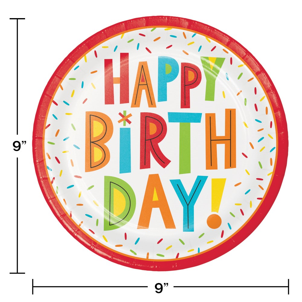 Round 9-inch paper plate with red rim and colorful "Happy Birthday!" text surrounded by multicolored confetti sprinkles.
