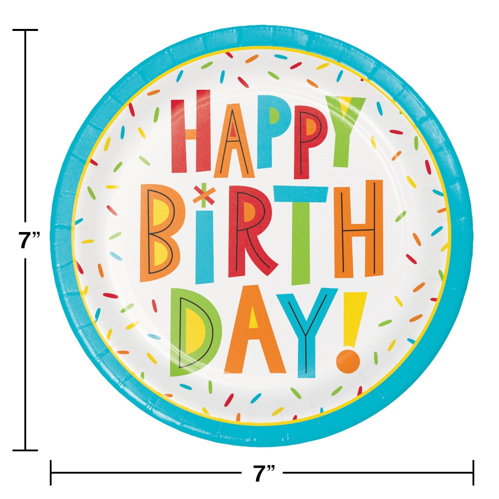 Round 7-inch paper plate with colorful "Happy Birthday!" text and multicolored confetti border.