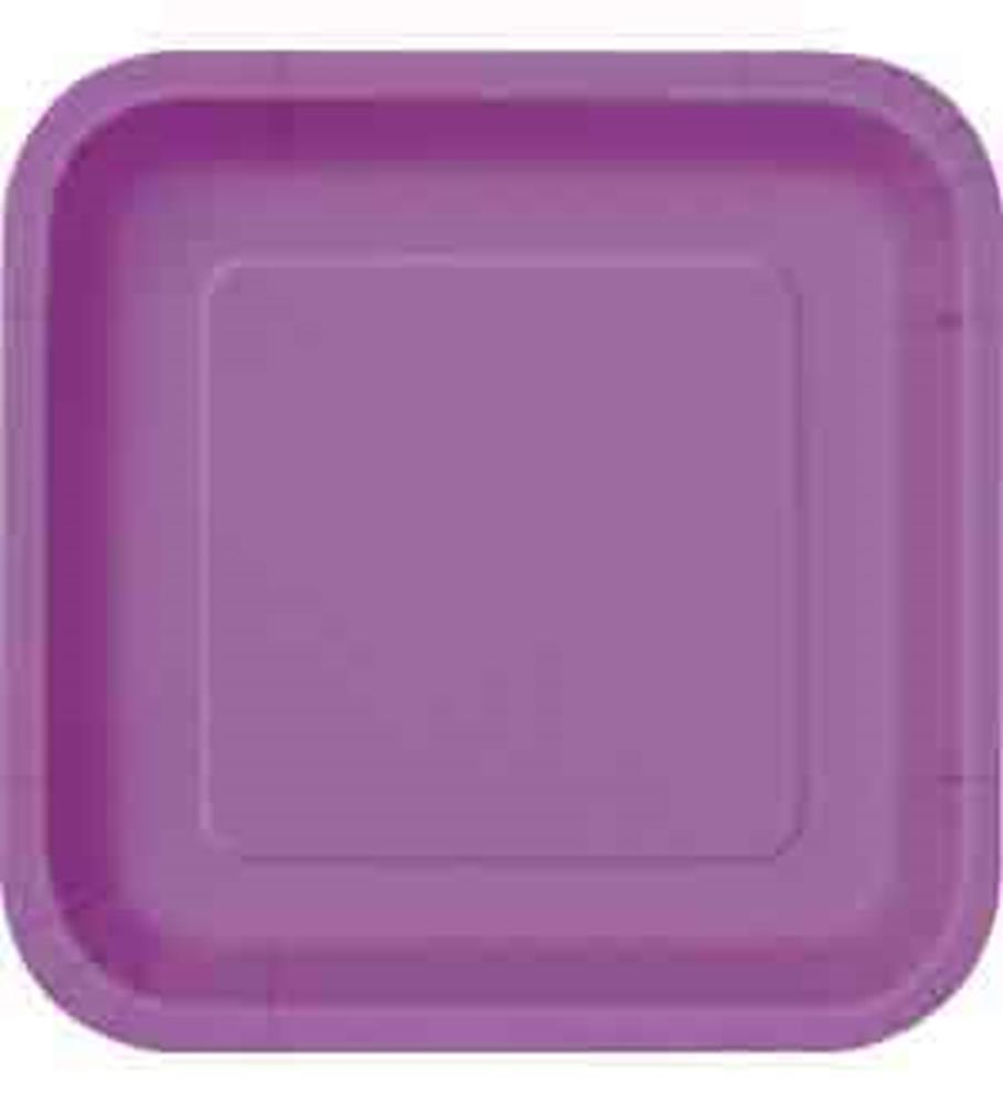 Stack of 7-inch square disposable plates in vibrant purple, made of lightweight material.