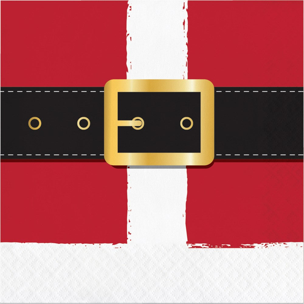 Red lunch napkin with white vertical and horizontal stripes and a black belt with a gold buckle design across the center.
