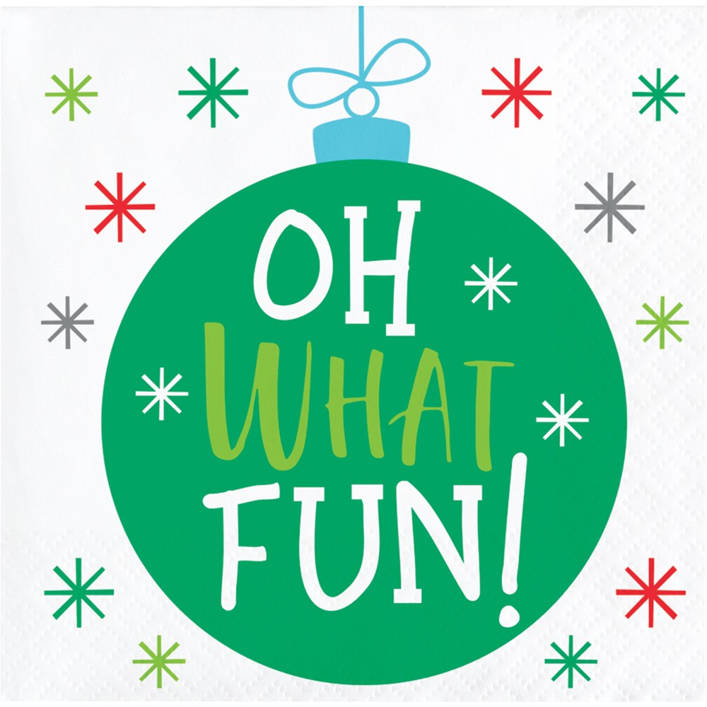 Square white beverage napkin with a large green ornament and colorful snowflakes, text reads "OH WHAT FUN!" in white and.
