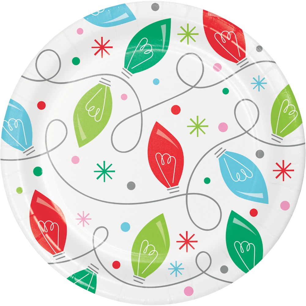 Round paper plate with colorful red, green, and blue holiday light bulbs and gray string design on white background.