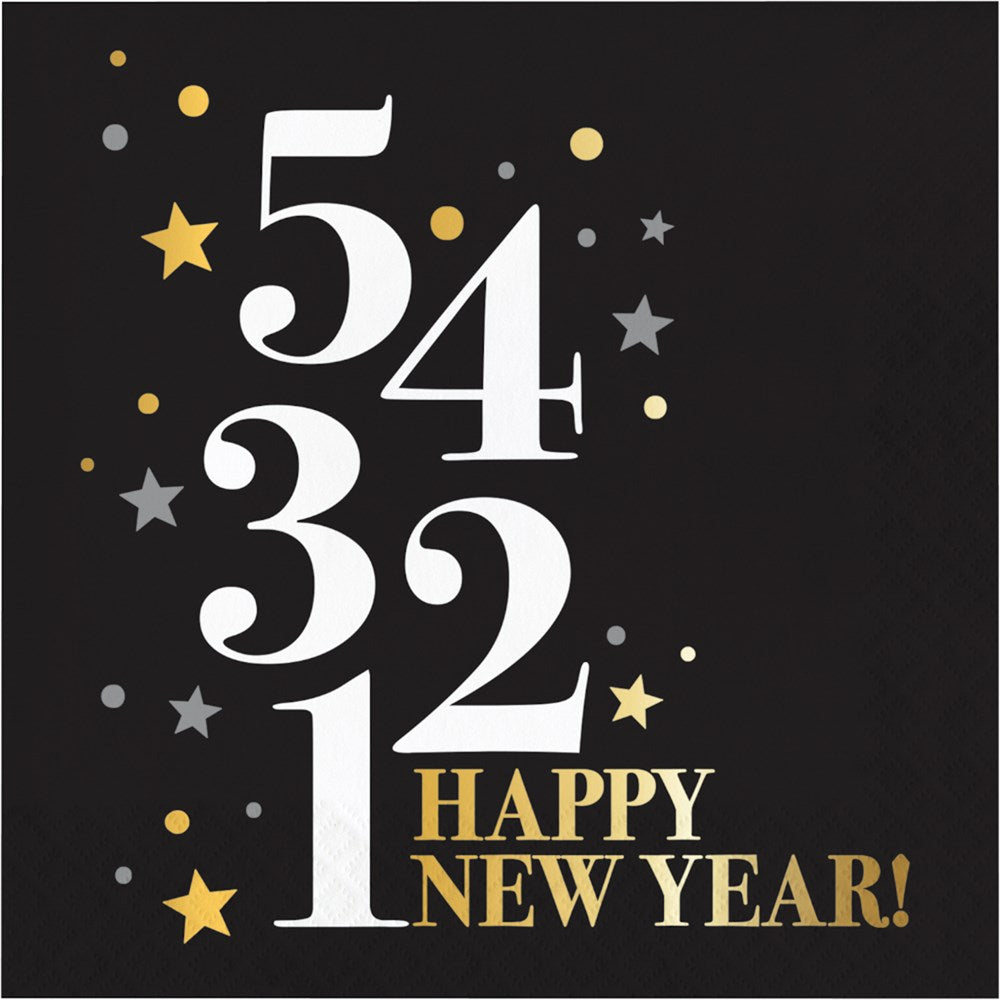 Black square napkin with large white countdown numbers 5 to 1, gold and silver stars, and "Happy New Year!" in gold text.