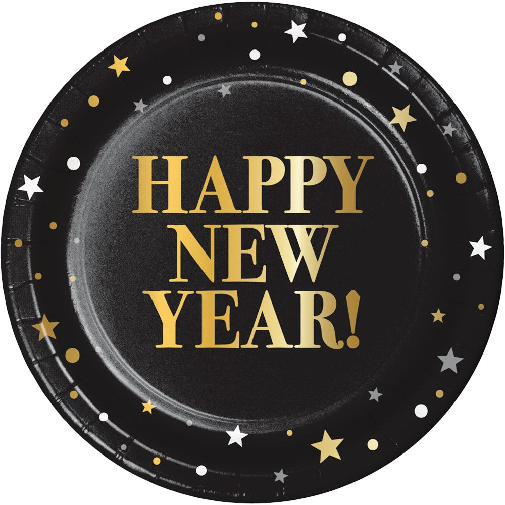 7-inch round black paper plate with gold "HAPPY NEW YEAR!" text and gold and white stars and dots design.