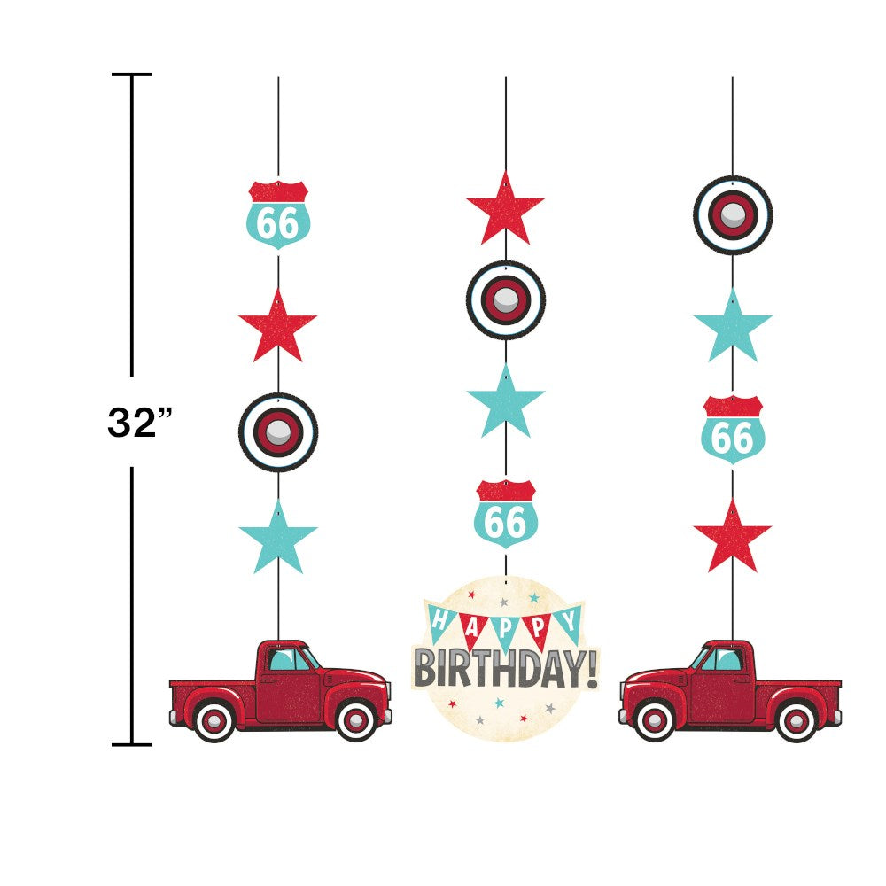 Set of three hanging decorations featuring red vintage trucks, stars, Route 66 signs, and a birthday banner, each 32 inches.