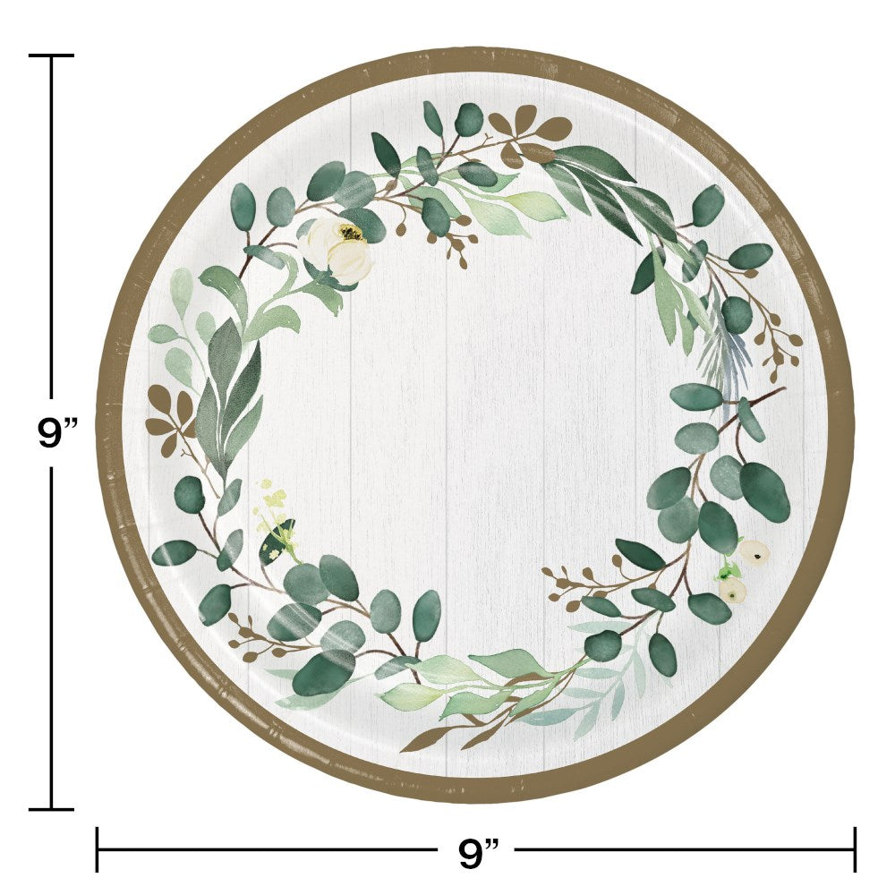 Round 9-inch paper plates with eucalyptus greenery wreath design and subtle brown rim, set of eight.