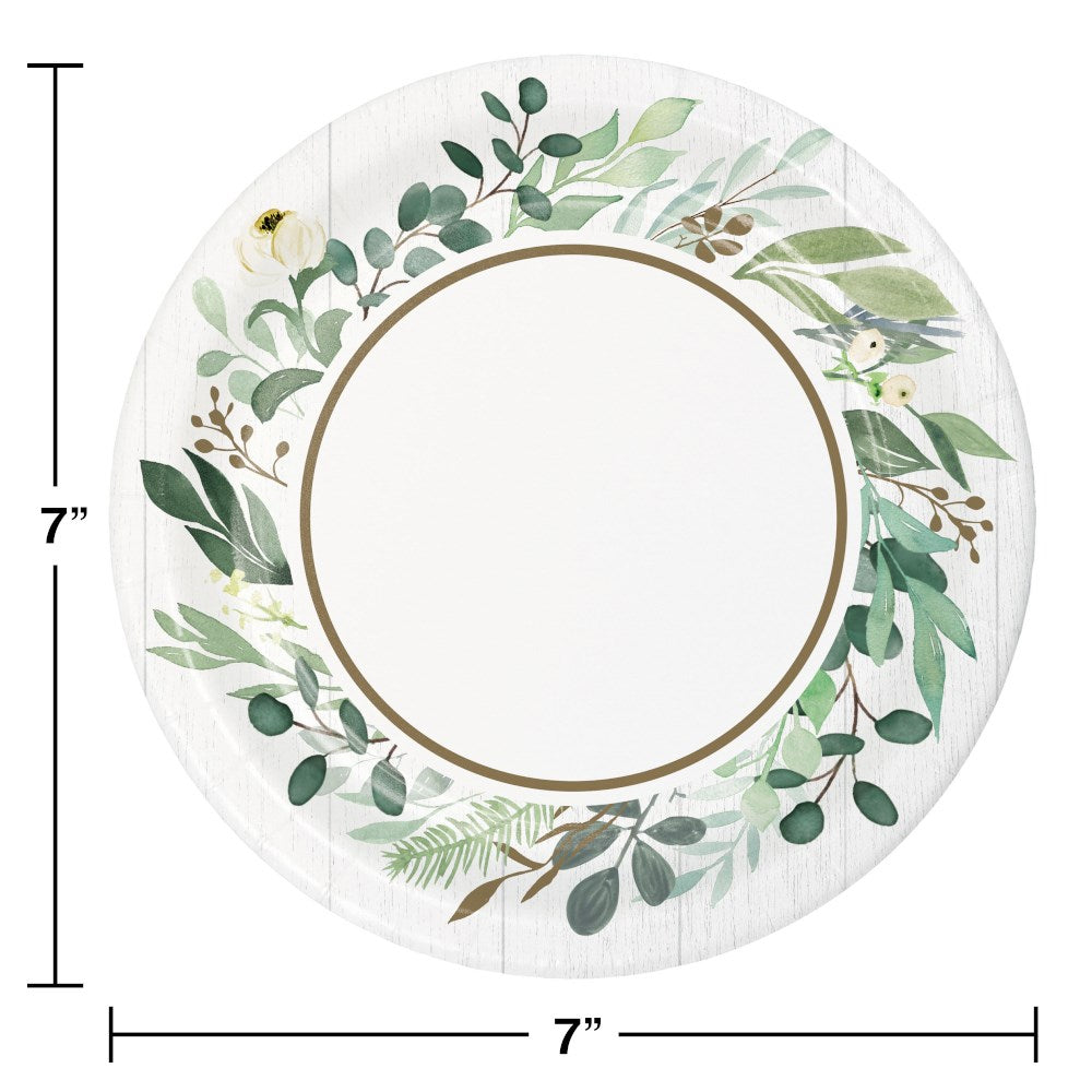 7-inch round white paper plate with green eucalyptus leaf wreath and gold rim detail.