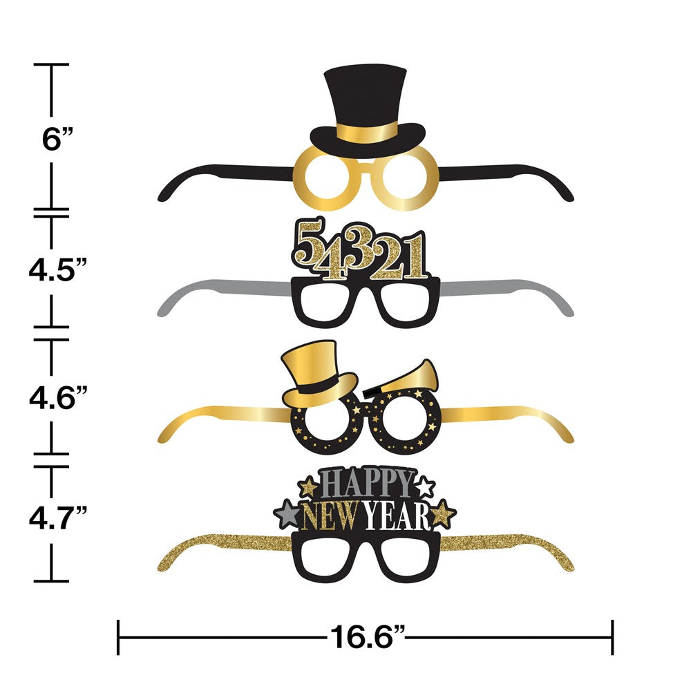 Set of four gold and black New Year-themed paper glasses with countdown, party hats, fireworks, and "Happy New Year" design.