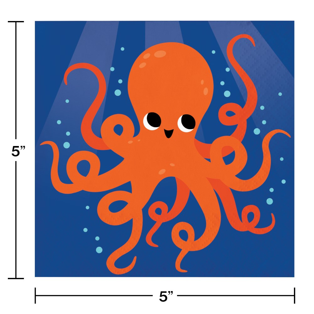 Square blue paper napkin with a smiling orange octopus and bubble accents, 5x5 inches.