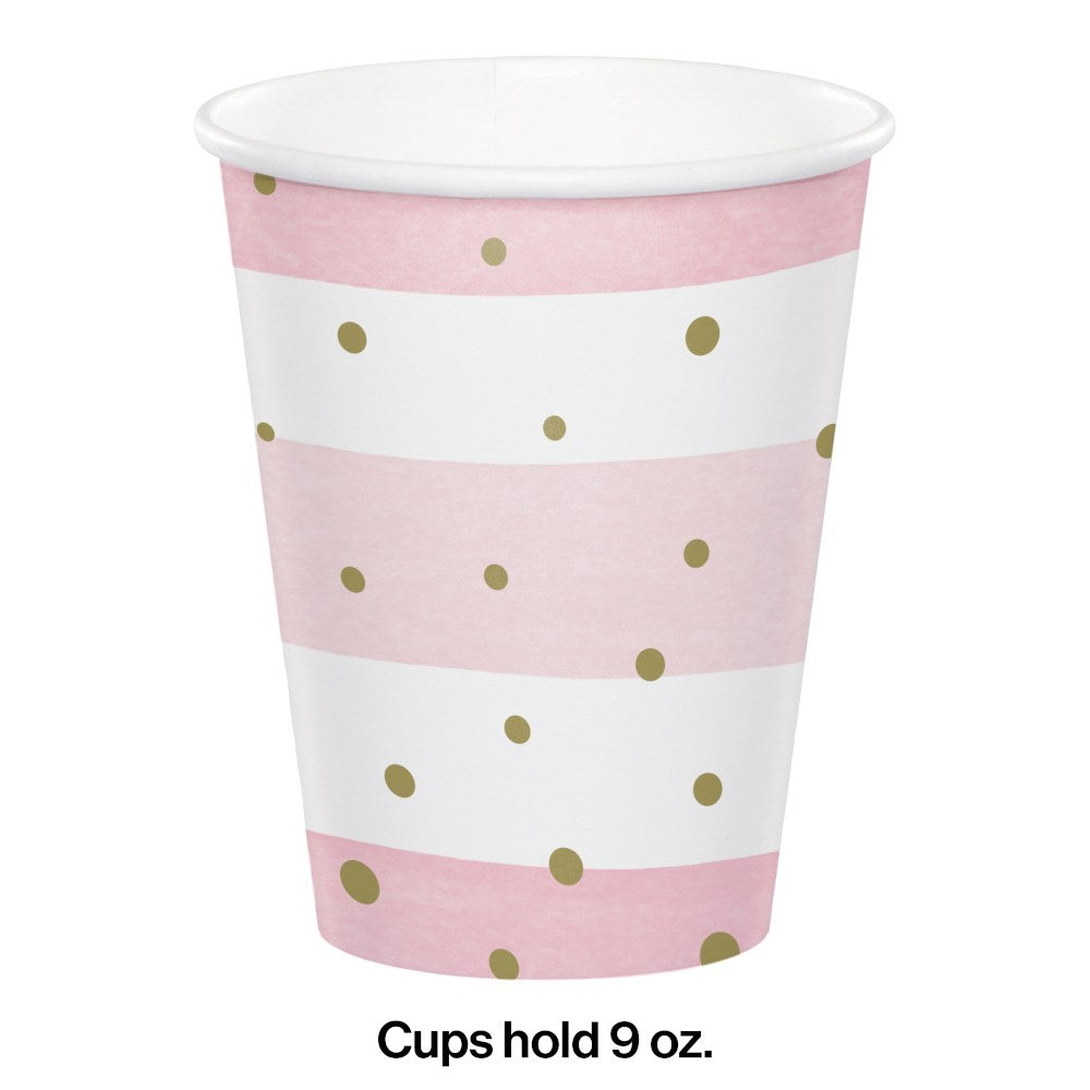 Paper cup with alternating pink and white horizontal stripes, decorated with scattered gold dots, holds 9 oz.