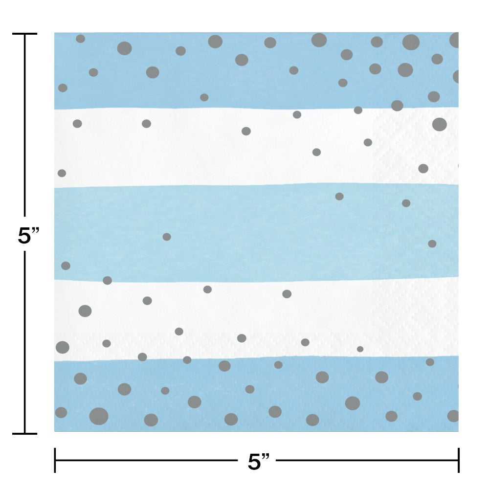 Blue and white striped beverage napkin with silver polka dots, 5x5 inches.