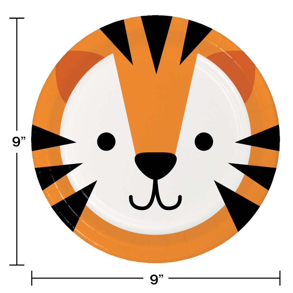 Round 9-inch paper plate featuring a smiling orange tiger face with black stripes and simple black eyes.