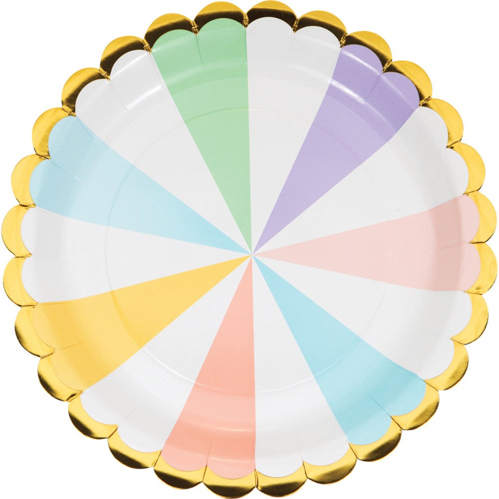 Scallop-shaped paper dinner plate with pastel segments in mint, coral, lavender, blue, yellow, and green, edged in metallic.