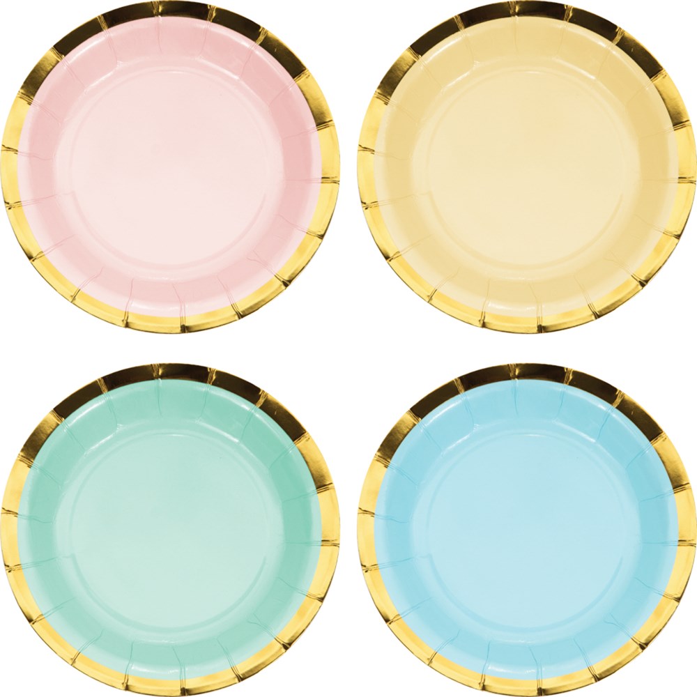 Set of four pastel luncheon plates in pink, yellow, mint green, and blue with gold foil trimmed edges.