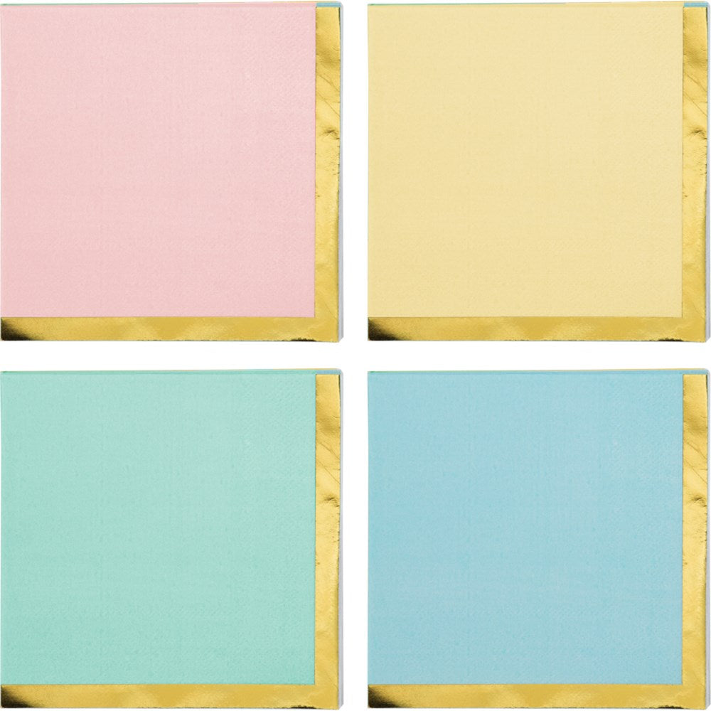 Set of four pastel napkins in pink, yellow, mint green, and blue with gold foil edges.