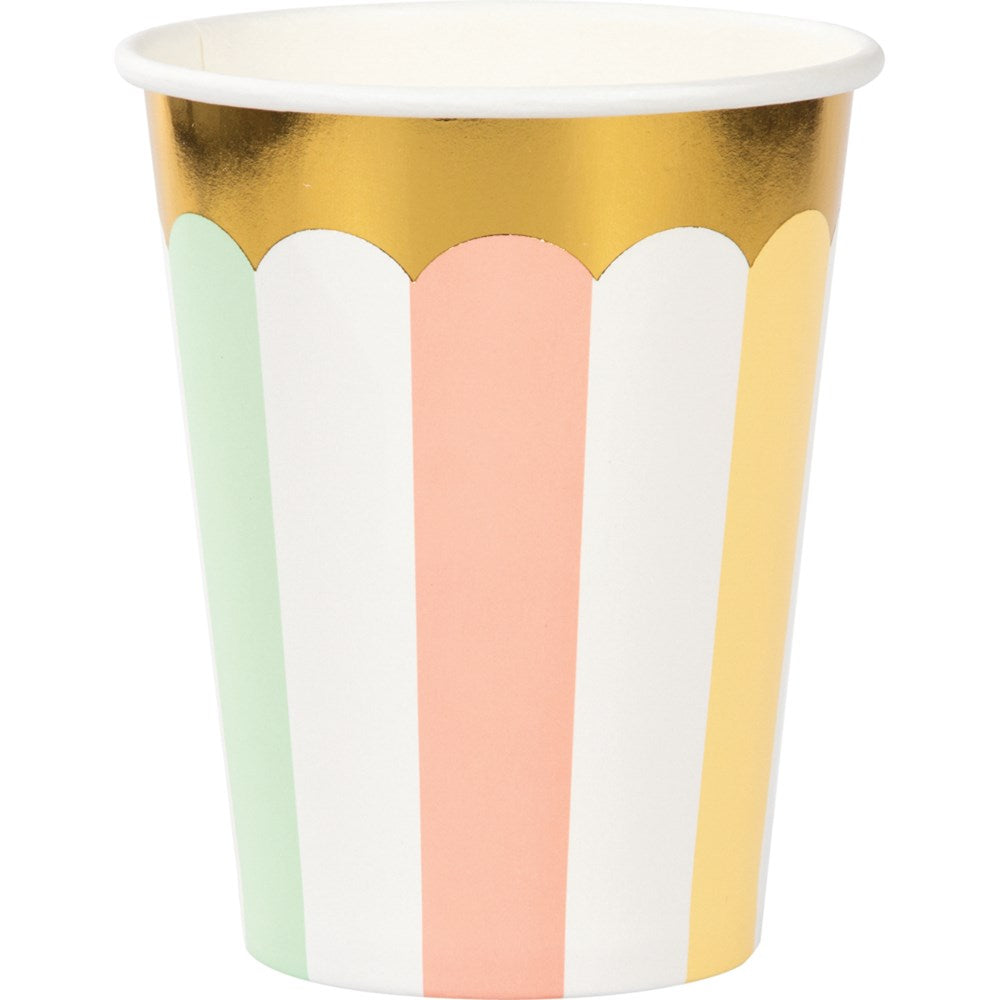 9oz paper cup with mint green, white, coral, and pale yellow vertical stripes and a metallic gold rim.