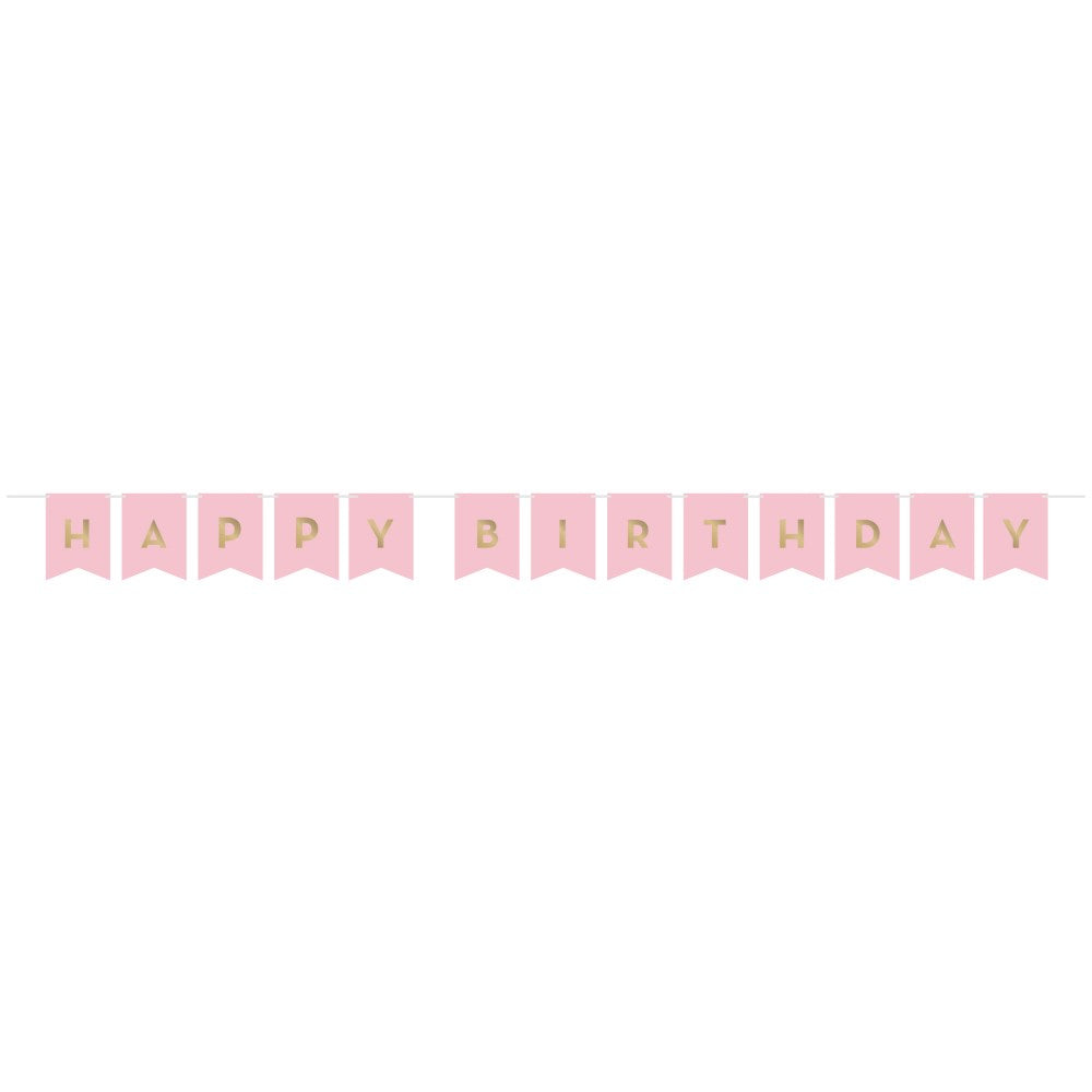 Pink and gold rectangular banner flags spelling "Happy Birthday" with pointed ends and metallic finish.
