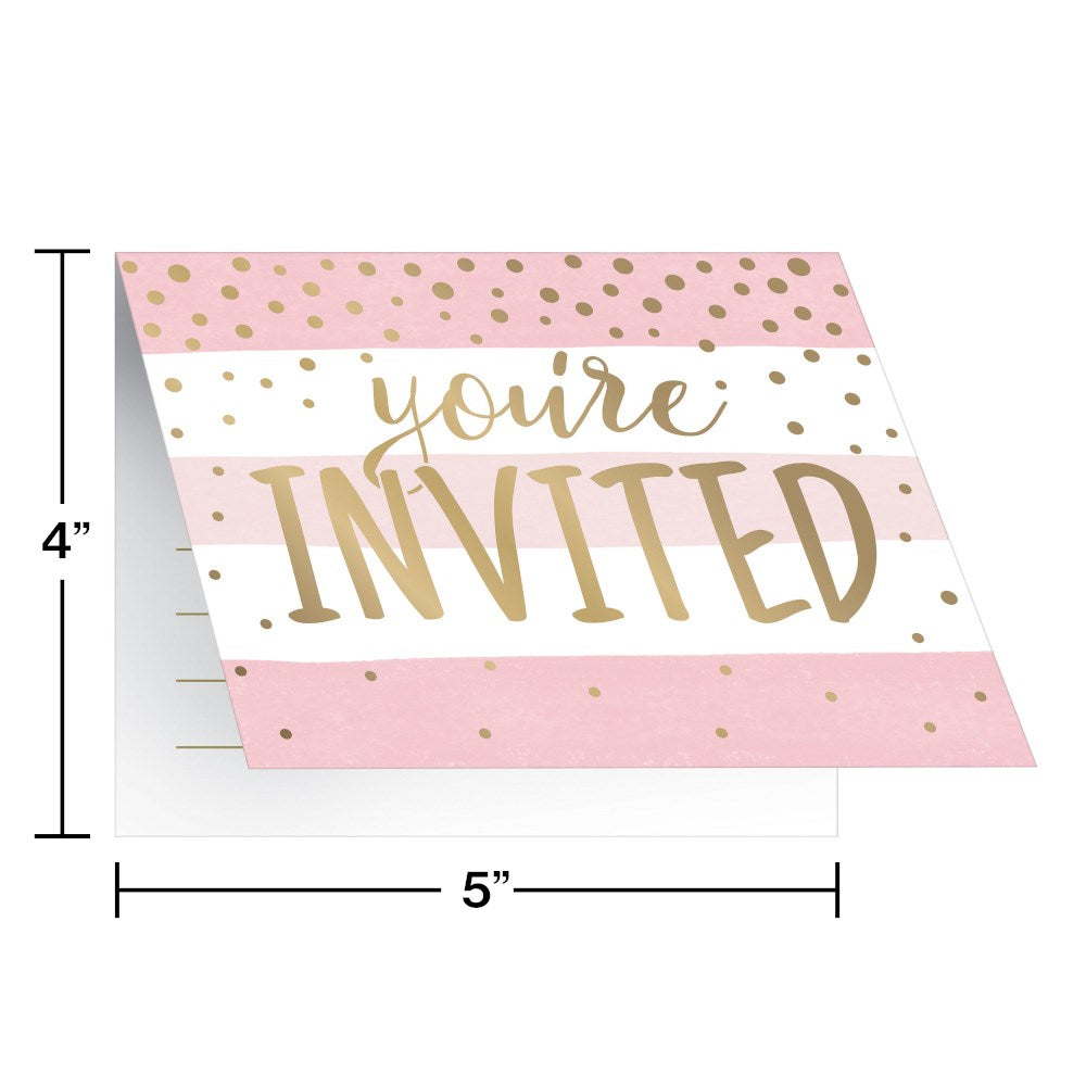 Pink and white striped invitation card with gold polka dots and "You're Invited" in pink gold foil lettering.
