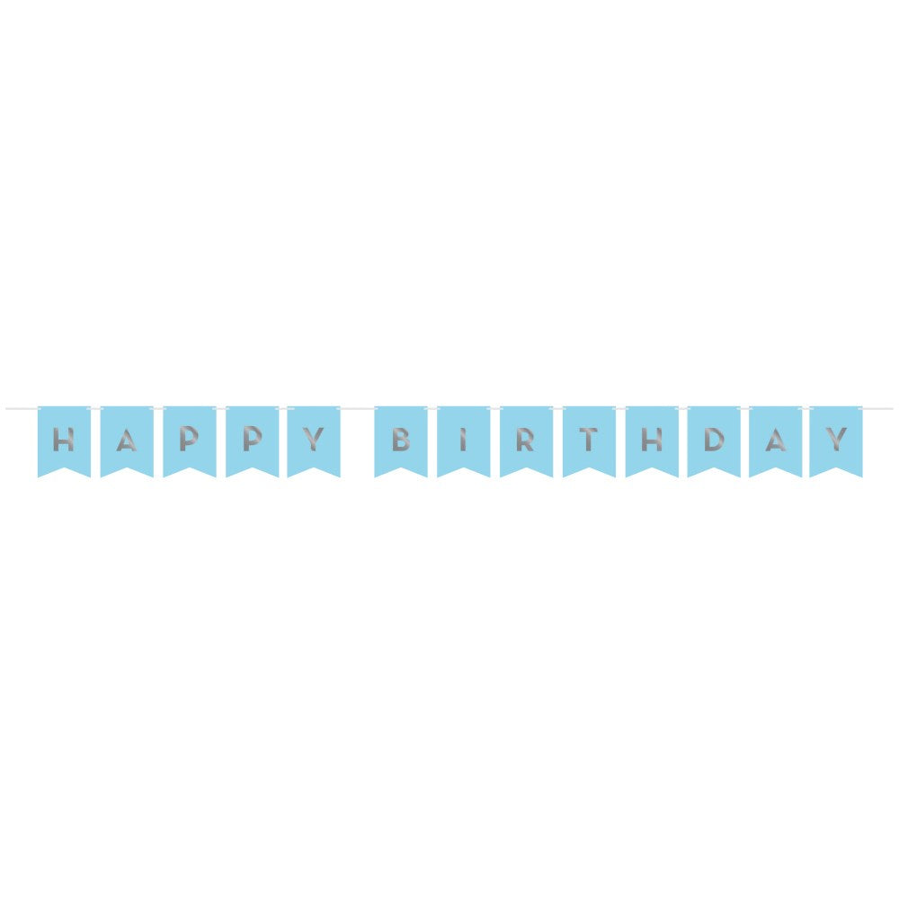 Blue and silver banner ribbon with flag-shaped panels spelling "Happy Birthday" in uppercase letters.