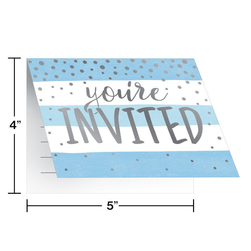 Blue and white striped invitation card with silver confetti dots and "You're Invited" in gray and blue text, 5x4 inches.