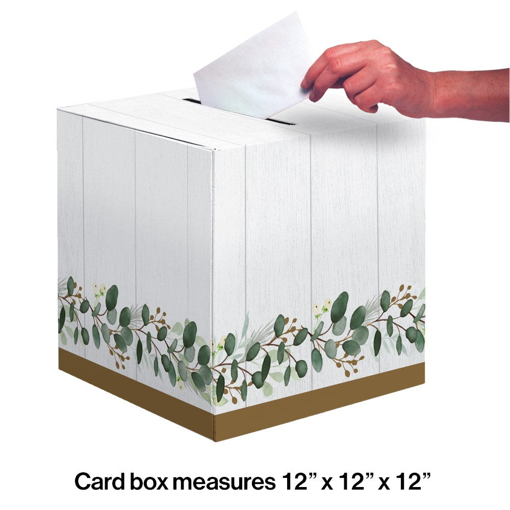 White square card box with eucalyptus leaf design around the base and a slot on top for inserting cards.