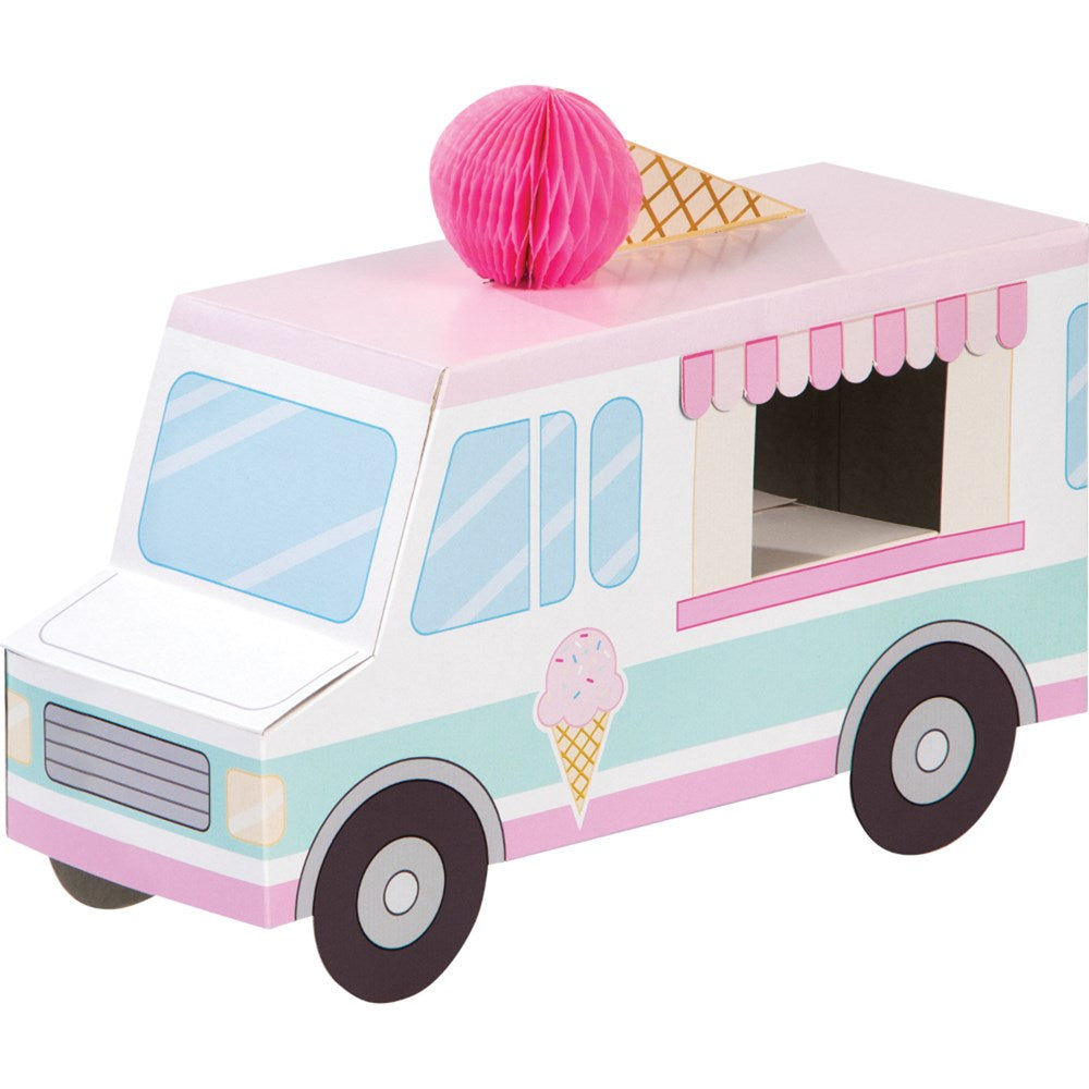 Pink and white ice cream truck centerpiece with waffle cone and pink honeycomb ball on top.