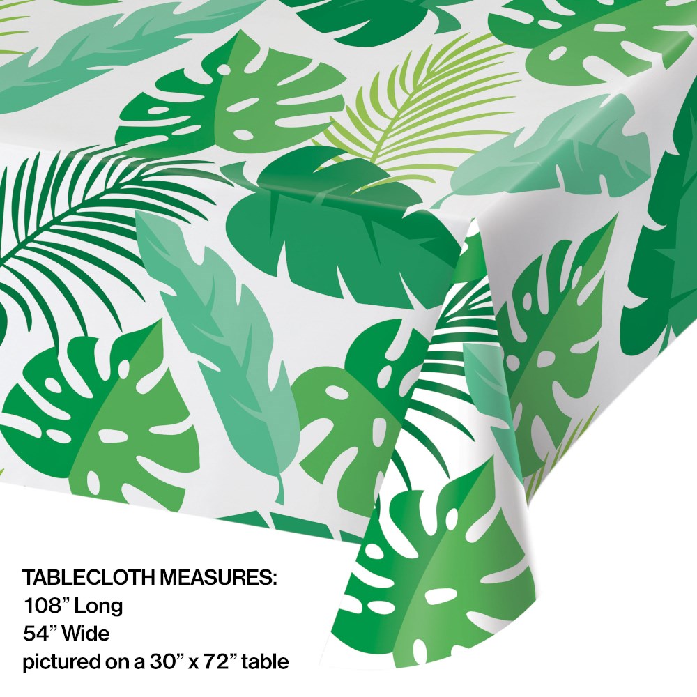 White plastic tablecover with large green palm leaves pattern, rectangular shape, tropical design.