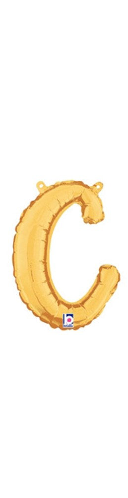 Gold foil balloon shaped as a script lowercase letter "c," 11 inches tall, air-filled with a self-sealing valve.