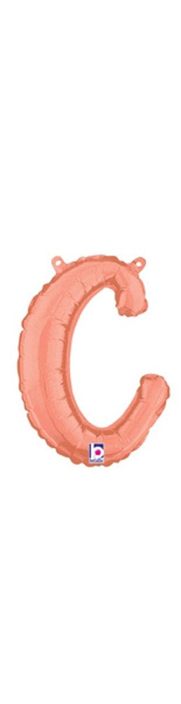 Rose gold foil balloon shaped as a cursive letter "c," 11 inches tall, air-filled with straw included.