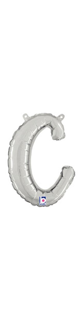 Silver foil balloon shaped like the letter "c," 11 inches tall, air-filled with a shiny finish.