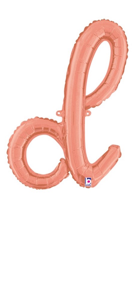 Rose gold foil balloon shaped as a lowercase script letter "d" with a shiny metallic finish.