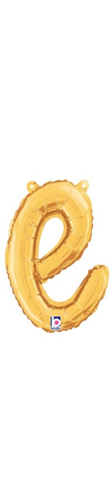 Gold foil balloon shaped like a lowercase script letter "e," 10-inch size, with attached valve and tab.
