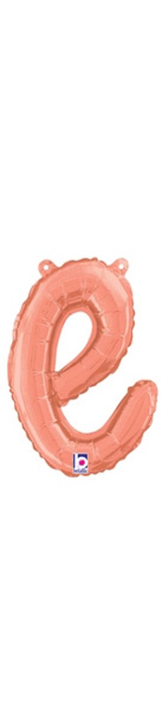 Rose gold foil balloon shaped like a lowercase script letter "e," 10 inches tall, air-filled with a straw included.